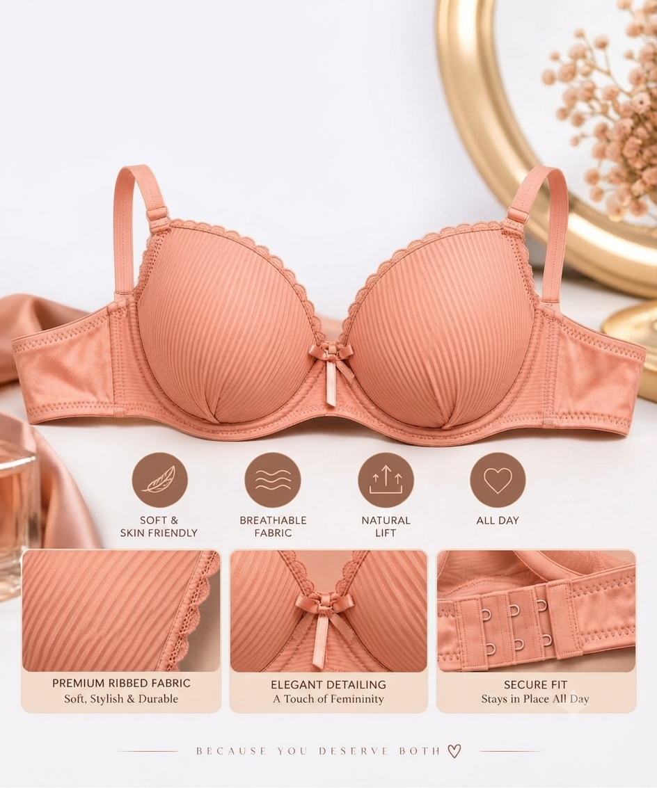 Nyxta Effortless Elegance Ribbed Bra - Peach
