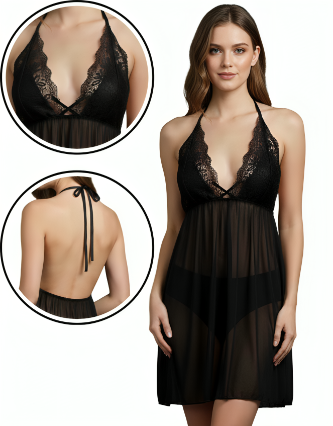 Nyxta 2piece Midnight Lace Halter Nightdress-Black