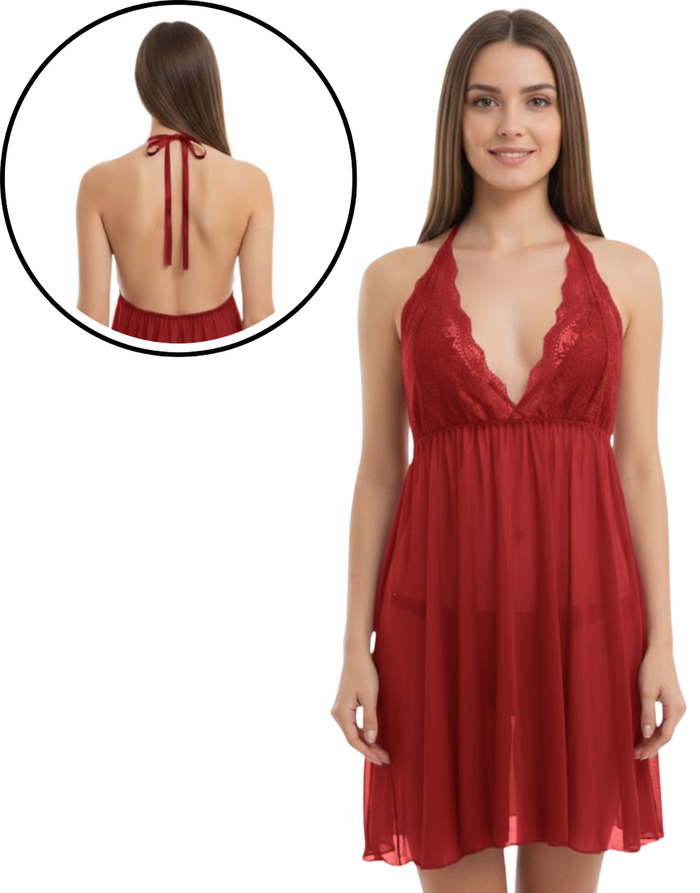 Nyxta 2 piece Midnight Lace Halter Nightdress-Maroon