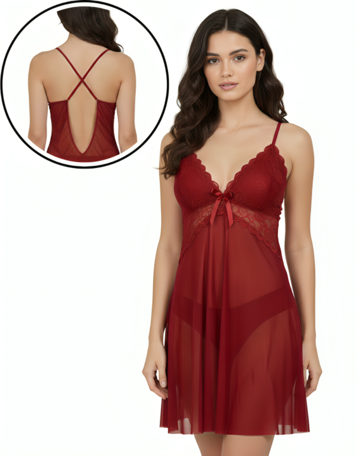 Nyxta 2 piece Romantic Lace Mesh Nighty-MAROON