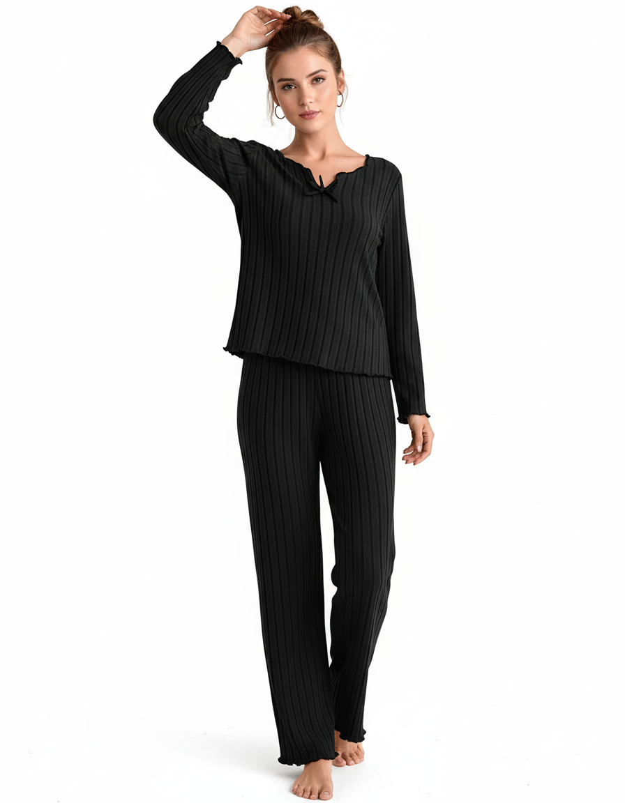 NYXTA V NECK FULL SLEEVS PJ SET -BLACK