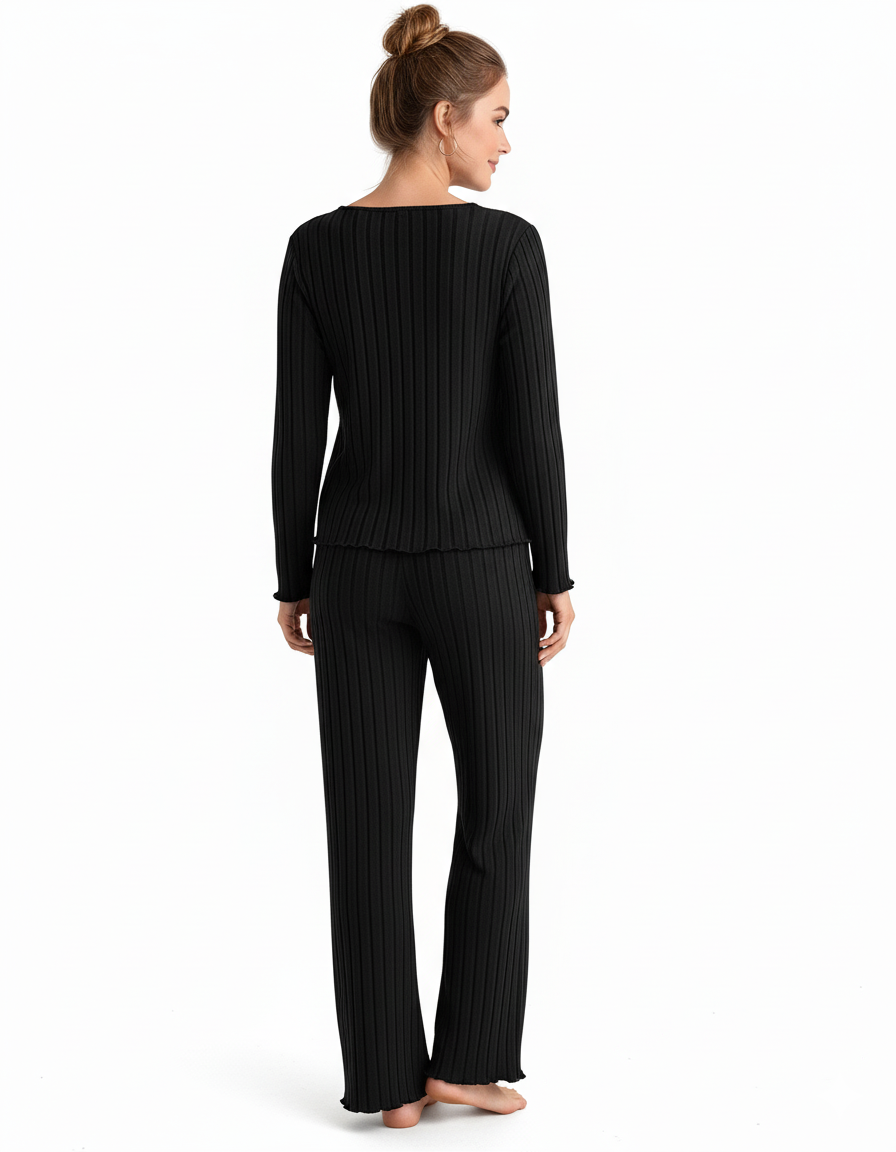 NYXTA V NECK FULL SLEEVS PJ SET -BLACK