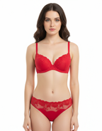 LIGHTLY PADDED WIRED FANCY BRA WITH MATCHING PANTY-RED